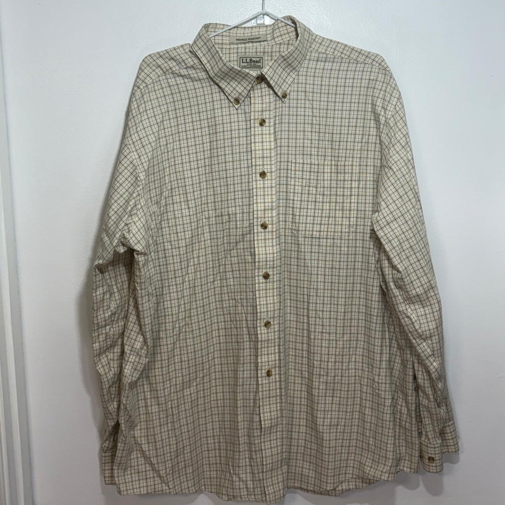 LL Bean Wrinkle Resistant Plaid Button Down‎ Shirt Men's XL Reg Tan Green Brown
